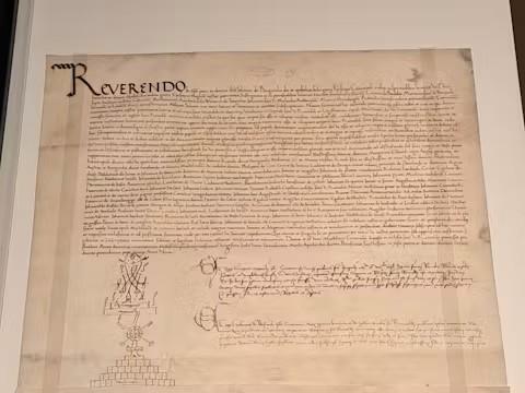 Foto van Charter 269 met heel veel tekst die onleesbaar is op de foto behalve het eerste woord dat met grote initiaal en in sierlijk schrift staat geschreven 'Reverendo'