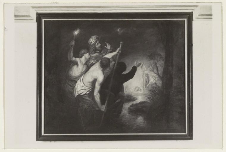 Foto van een zwart-witschilderij van vier mannen in een boot, waaronder graaf Ado, op de voorgrond met op de achtergrond een paar engelen bij het aangespoelde lijk van Rumoldus. Enkel de plek waar Rumoldus ligt, is verlicht.