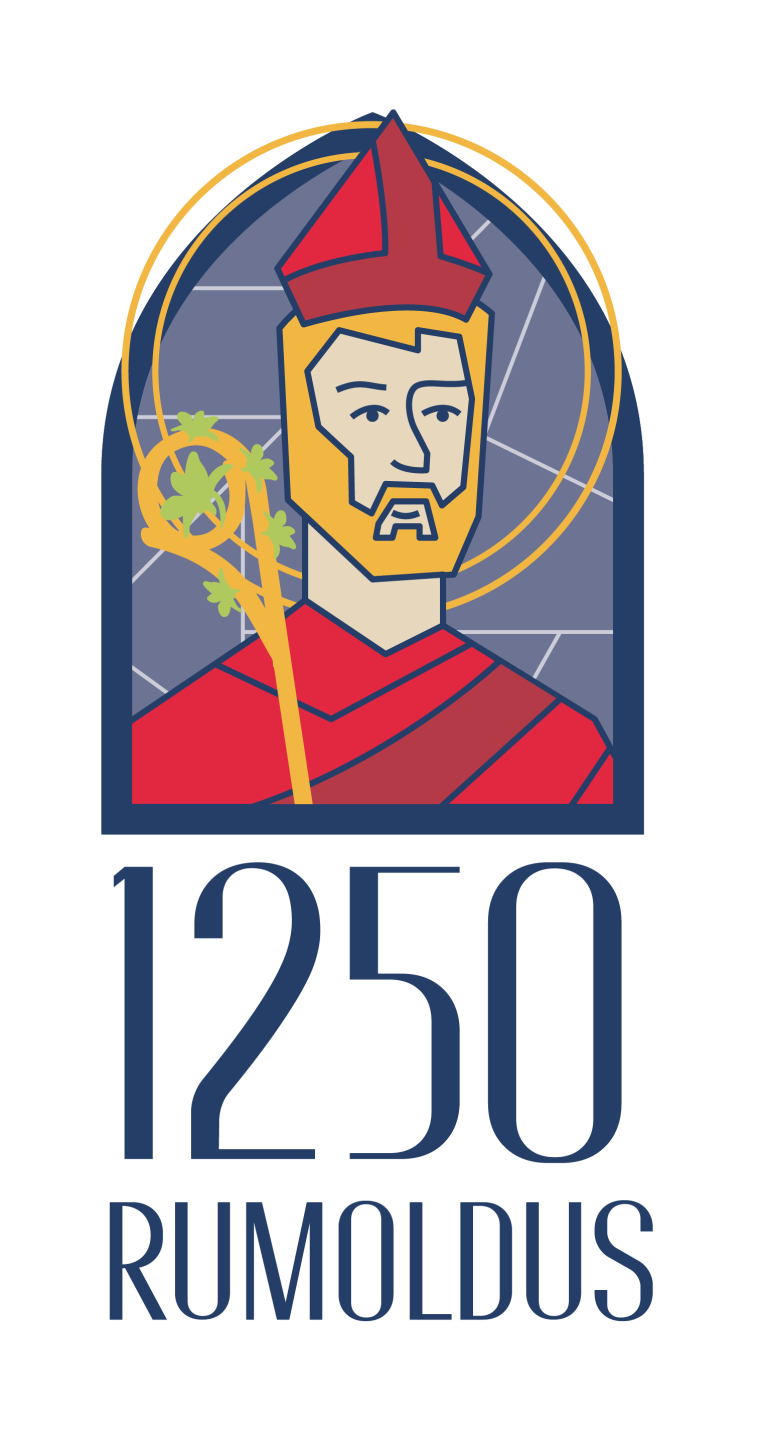 Illustratie van Sint-Rumoldus met staf en mijter met onderschrift 1250 Rumoldus