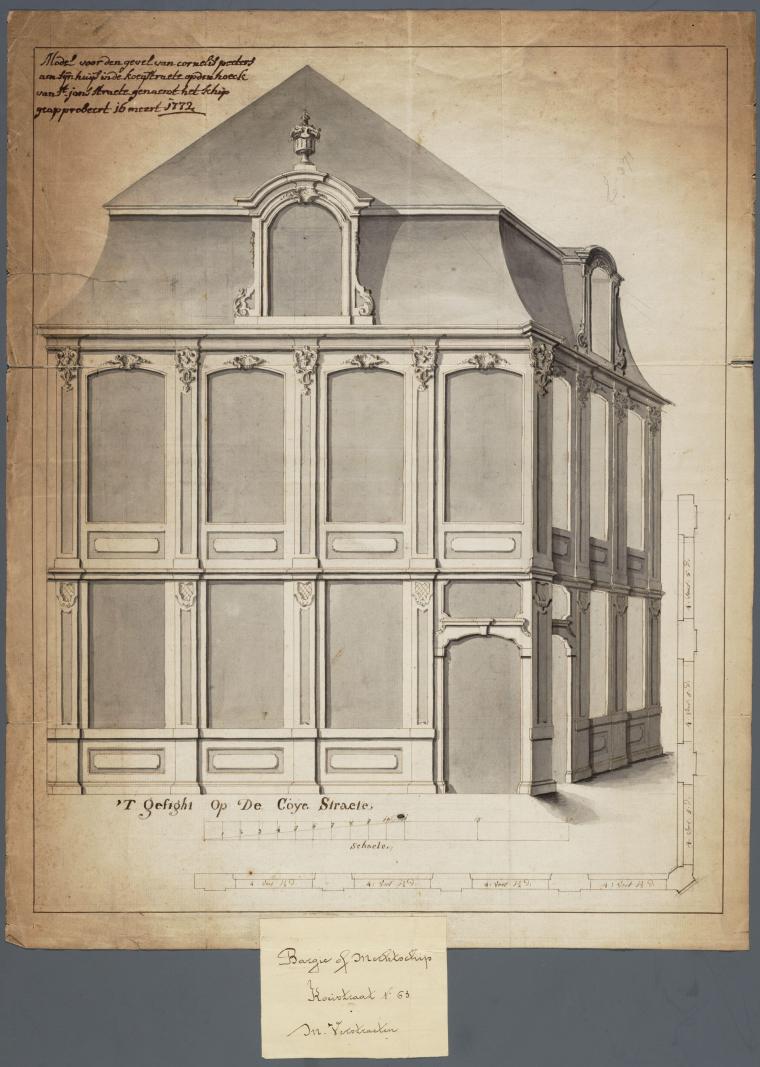 Tekening van de gevel van huis De Bargie (nu 't Shipke op de hoek van de F. De Merodestraat en de Sint-Janstraat)