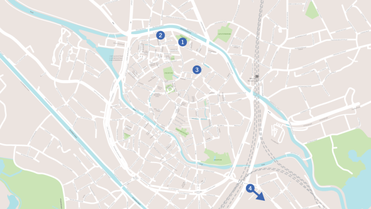 Overzichtskaart van Mechelen met daarop de locaties aangeduid waar erfgoedvrijwilligers aan de slag zijn